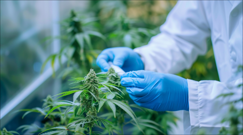 Ein Wissenschaftler nimmt Cannabisblätter zur Untersuchung im Labor