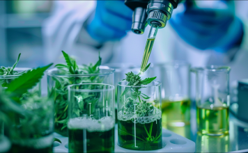 Cannabisproben in Bechern zur Untersuchung im Labor