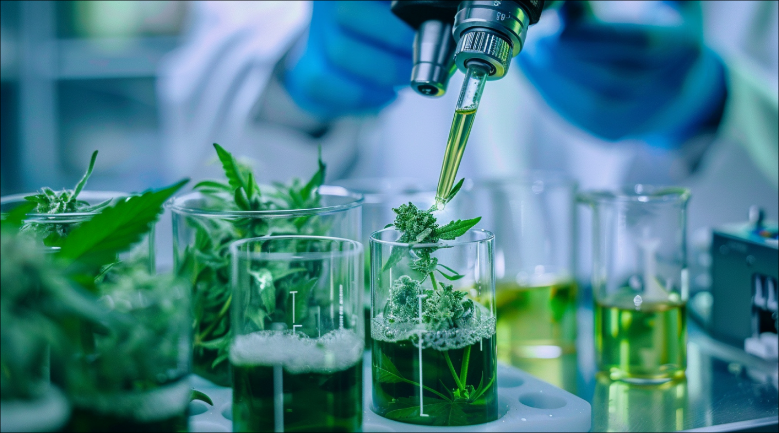 Cannabisproben in Bechern zur Untersuchung im Labor