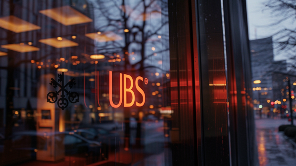 das Logo der UBS vor einem Fenster, mit reflektierter Architektur im Hintergrund