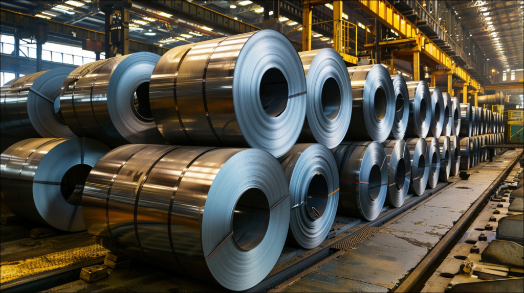 Stahlcoils in einer Industriehalle, mit einem United States Steel  NEWS Banner