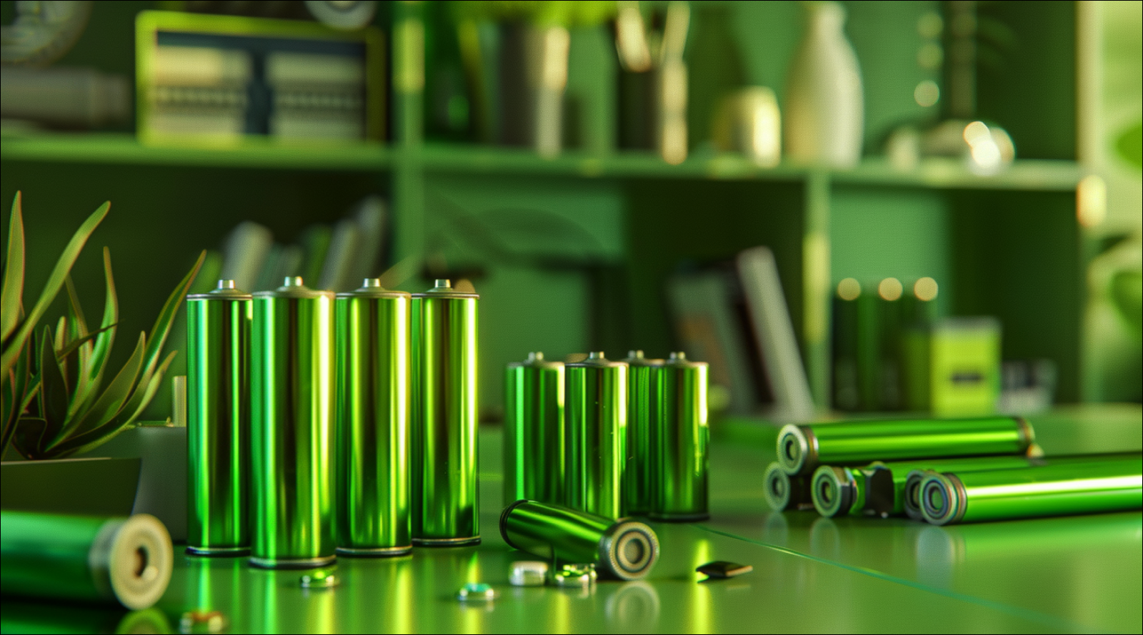 Eine Reihe von grünen Batterien verschiedener Größen auf dem Tisch