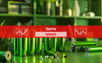 Eine Reihe von grünen Batterien verschiedener Größen auf dem Tisch, mit einem Varta NEWS Banner.