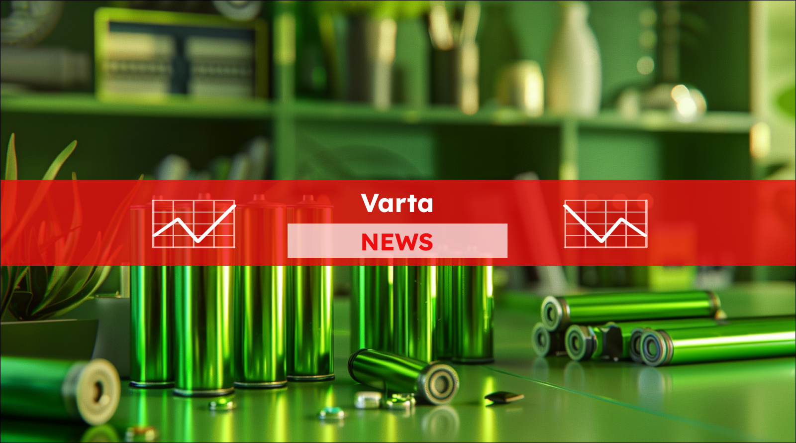 Eine Reihe von grünen Batterien verschiedener Größen auf dem Tisch, mit einem Varta NEWS Banner.