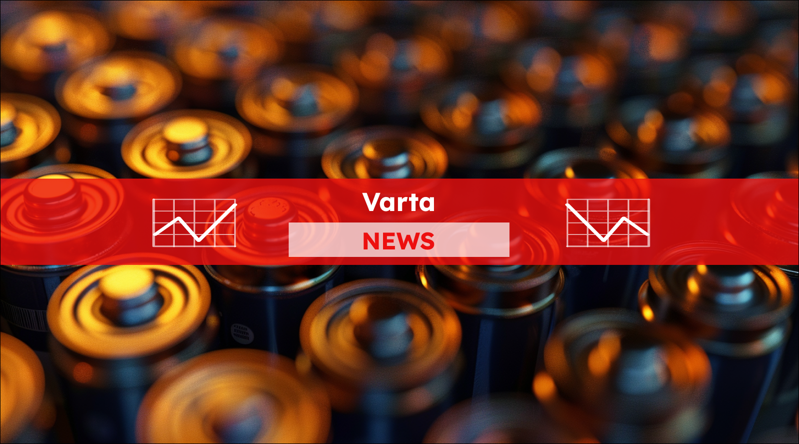 eine Nahaufnahme von zahlreichen Batterien, mit einem Varta NEWS Banner.