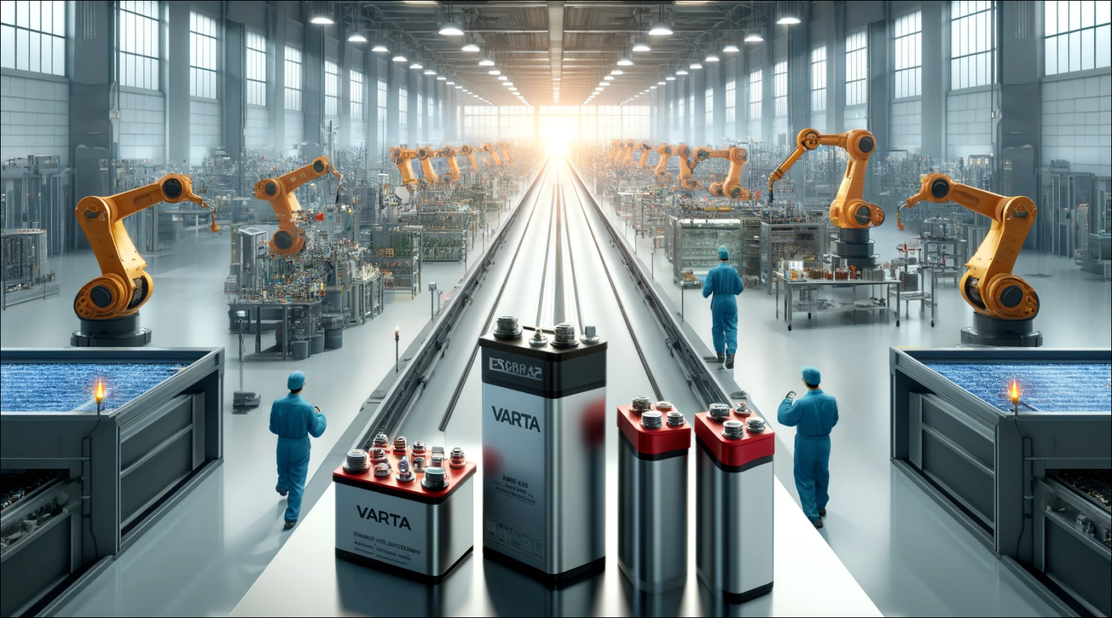 eine moderne Fabrikhalle, in der Roboterarme Batterien von Varta an einer automatisierten Produktionslinie