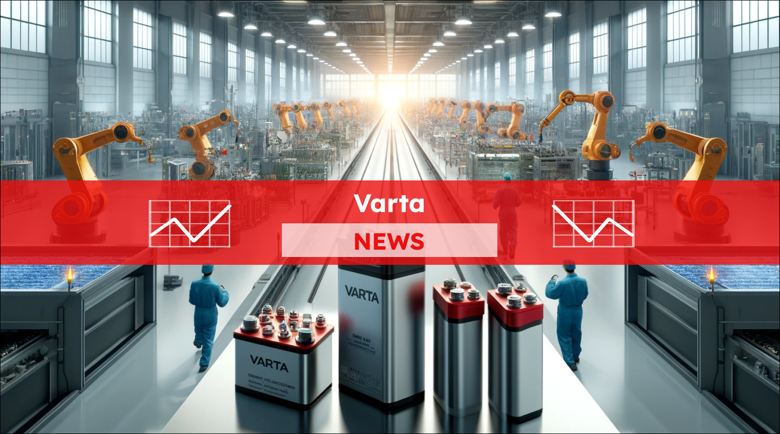 eine moderne Fabrikhalle, in der Roboterarme Batterien von Varta an einer automatisierten Produktionslinie, mit einem Varta NEWS Banner.