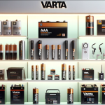 eine Auswahl von Varta-Produkten, darunter verschiedene Batterietypen und Elektronikzubehör, die auf einem beleuchteten Verkaufsregal präsentiert werden