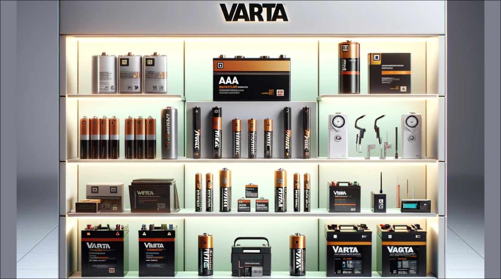 eine Auswahl von Varta-Produkten, darunter verschiedene Batterietypen und Elektronikzubehör, die auf einem beleuchteten Verkaufsregal präsentiert werden