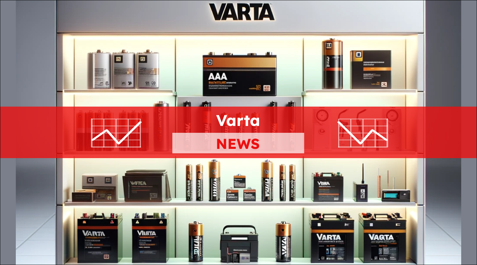 eine Auswahl von Varta-Produkten, darunter verschiedene Batterietypen und Elektronikzubehör, die auf einem beleuchteten Verkaufsregal präsentiert werden, mit einem Varta NEWS Banner.