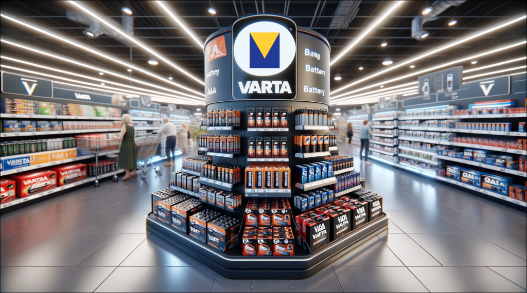 Varta-Aktie: Dies ist der Irrtum! ein großes Verkaufsregal im Mittelpunkt eines Einzelhandelsgeschäfts, gefüllt mit einer breiten Palette von Varta-Batterieprodukten.