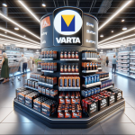 ein großes Verkaufsregal im Mittelpunkt eines Einzelhandelsgeschäfts, gefüllt mit einer breiten Palette von Varta-Batterieprodukten.