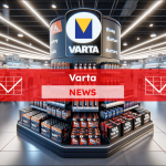 ein großes Verkaufsregal im Mittelpunkt eines Einzelhandelsgeschäfts, gefüllt mit einer breiten Palette von Varta-Batterieprodukten, mit einem Varta NEWS Banner.
