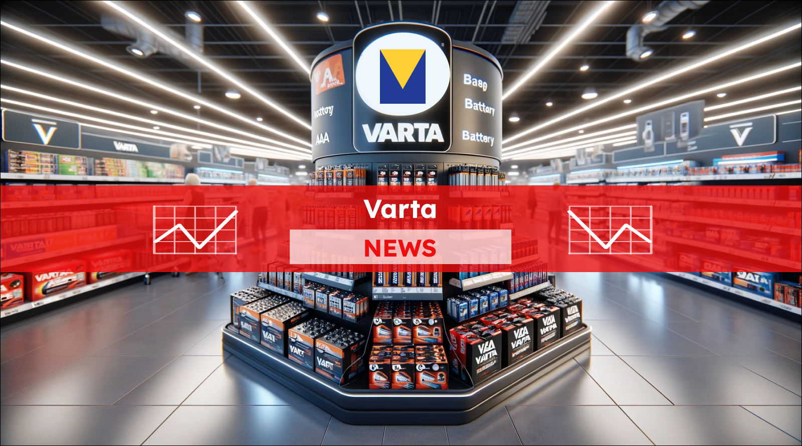 ein großes Verkaufsregal im Mittelpunkt eines Einzelhandelsgeschäfts, gefüllt mit einer breiten Palette von Varta-Batterieprodukten, mit einem Varta NEWS Banner.