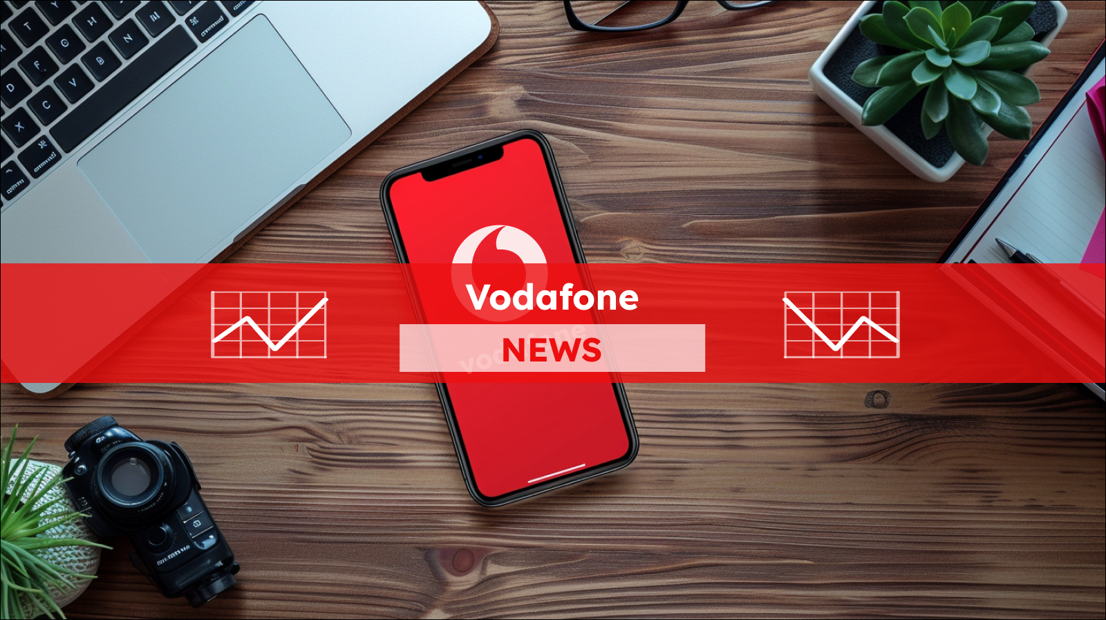 Ein Smartphone mit dem Vodafone-Logo auf dem Bildschirm liegt neben einem Laptop, einer Kamera und anderen Bürogegenständen auf einem Holztisch, mit einem Vodafone NEWS Banner