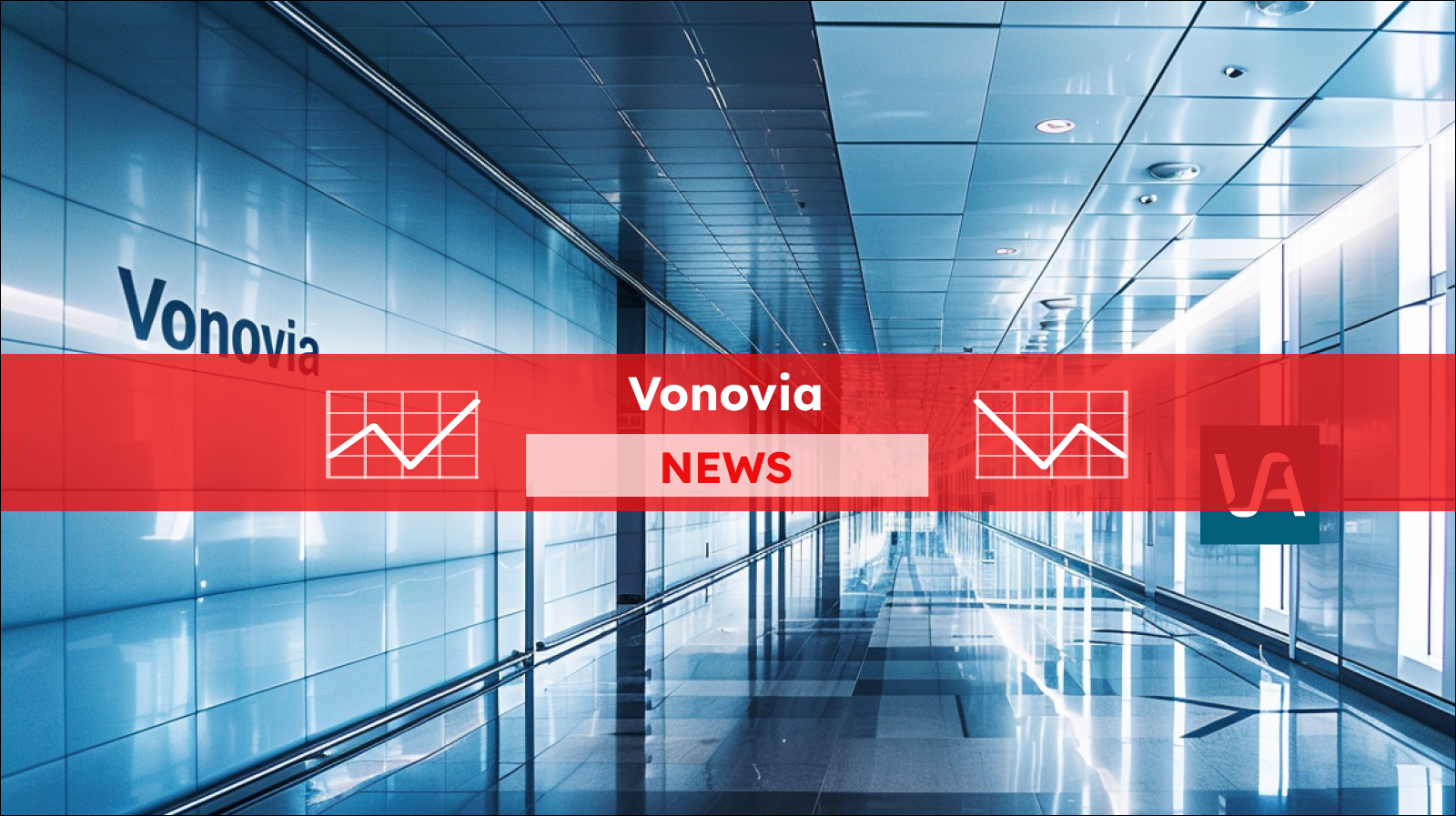Ein moderner Flur mit reflektierenden blauen Glaswänden, auf denen der Schriftzug Vonovia zu sehen ist, und einem leuchtenden Firmenlogo an einer Säule,  mit einem Vonovia NEWS Banner