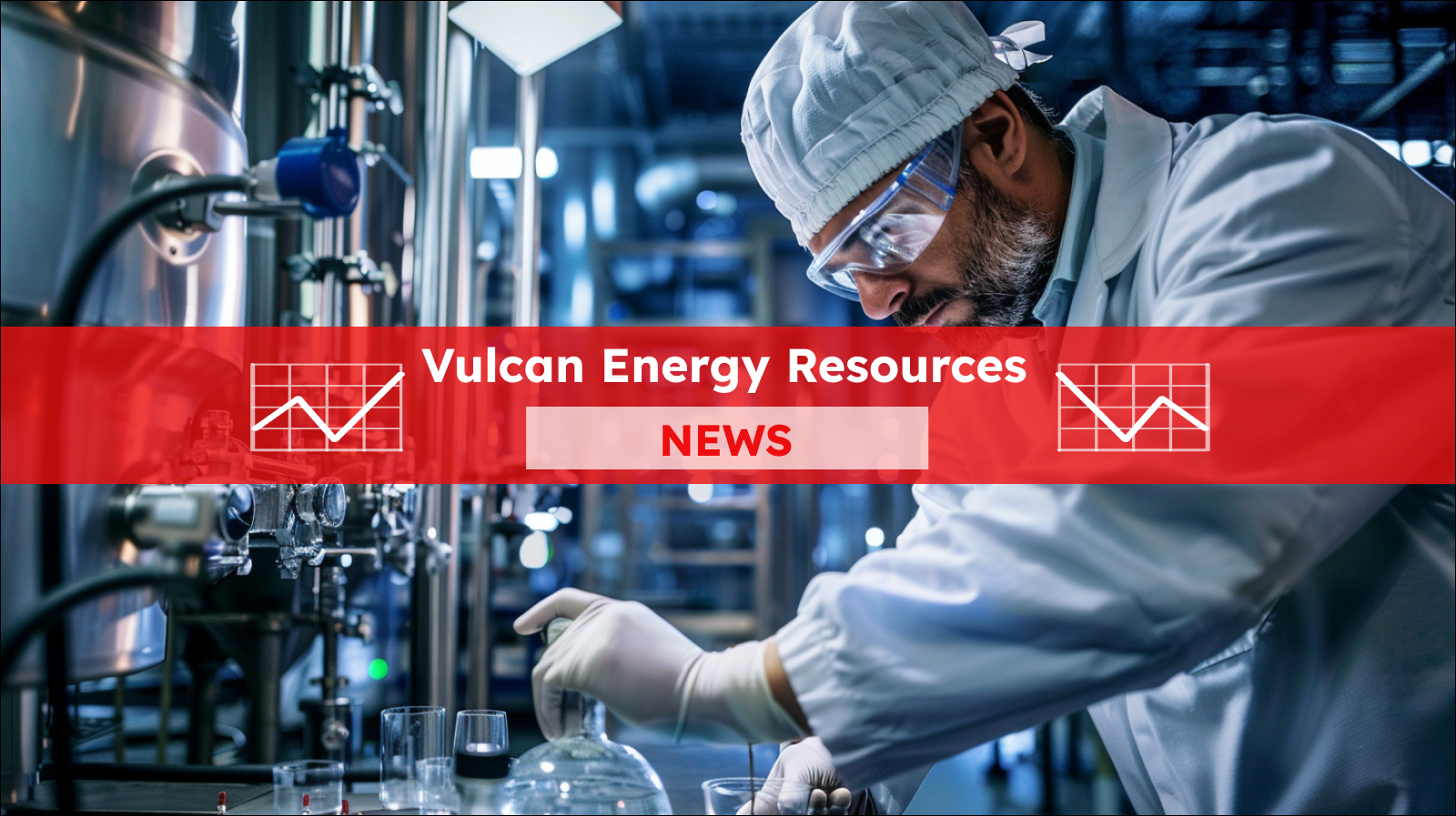 Ein Wissenschaftler in Schutzkleidung in einem modernen Labor, mit einem Vulcan Energy Resources  NEWS Banner