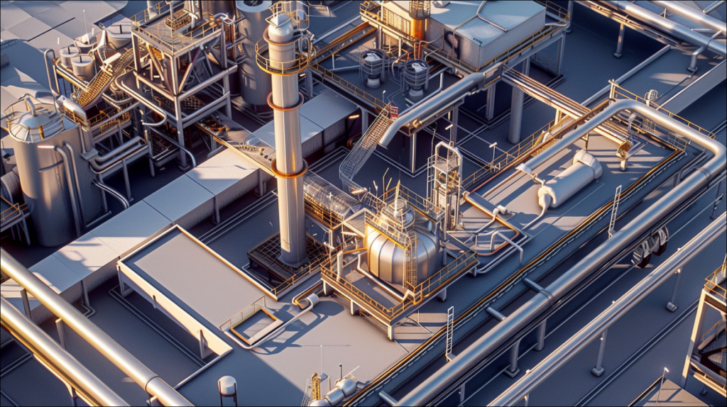 Eine industrielle Anlage mit Rohrleitungen und Behältern im goldenen Licht der Sonne.