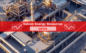 Eine industrielle Anlage mit Rohrleitungen und Behältern im goldenen Licht der Sonne, mit einem Vulcan Energy Resources NEWS Banner