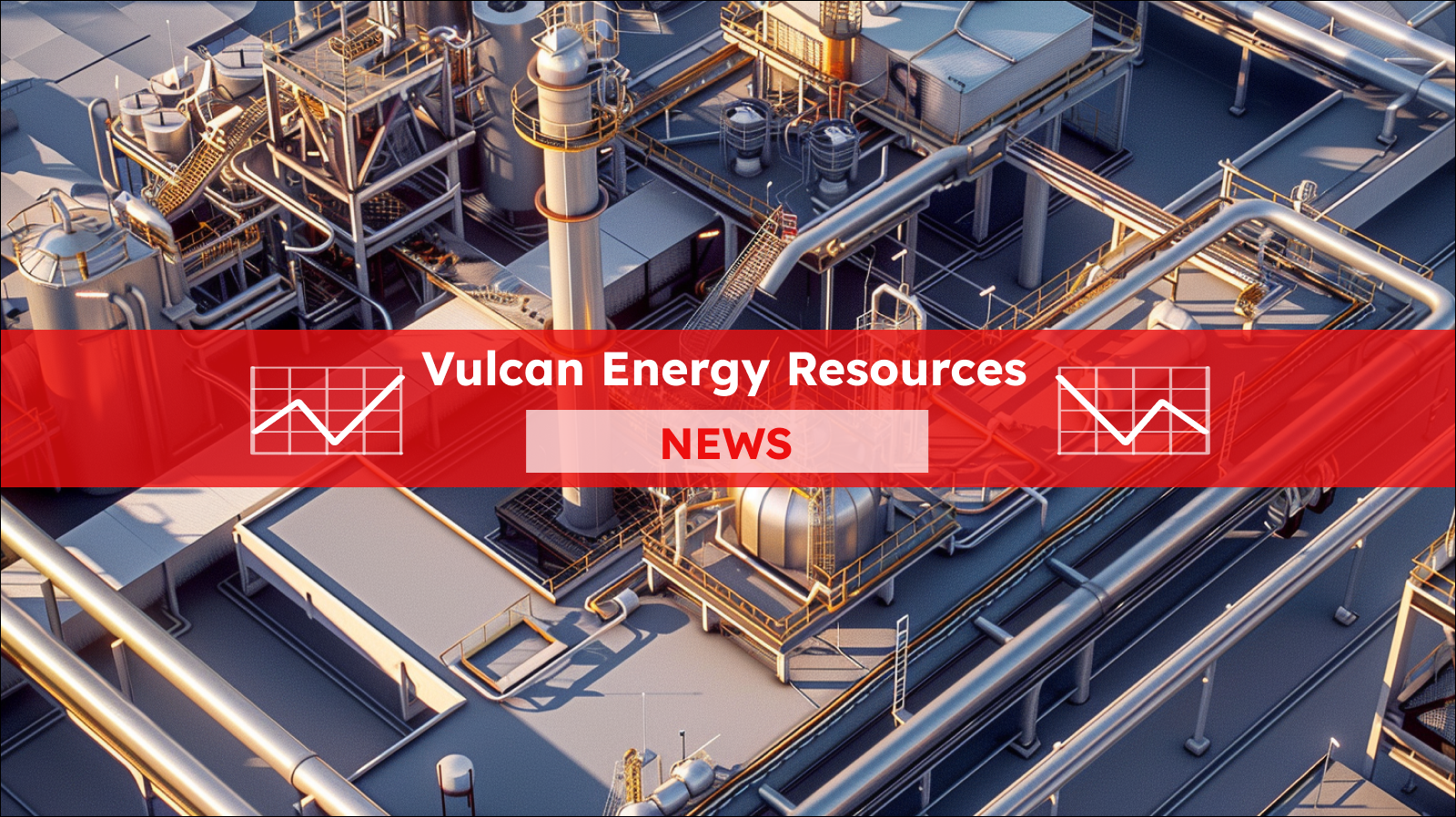 Eine industrielle Anlage mit Rohrleitungen und Behältern im goldenen Licht der Sonne, mit einem Vulcan Energy Resources NEWS Banner