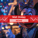 Minnie Maus vor einer beleuchteten Straßenszene bei Nacht, mit einem Walt Disney NEWS Banner