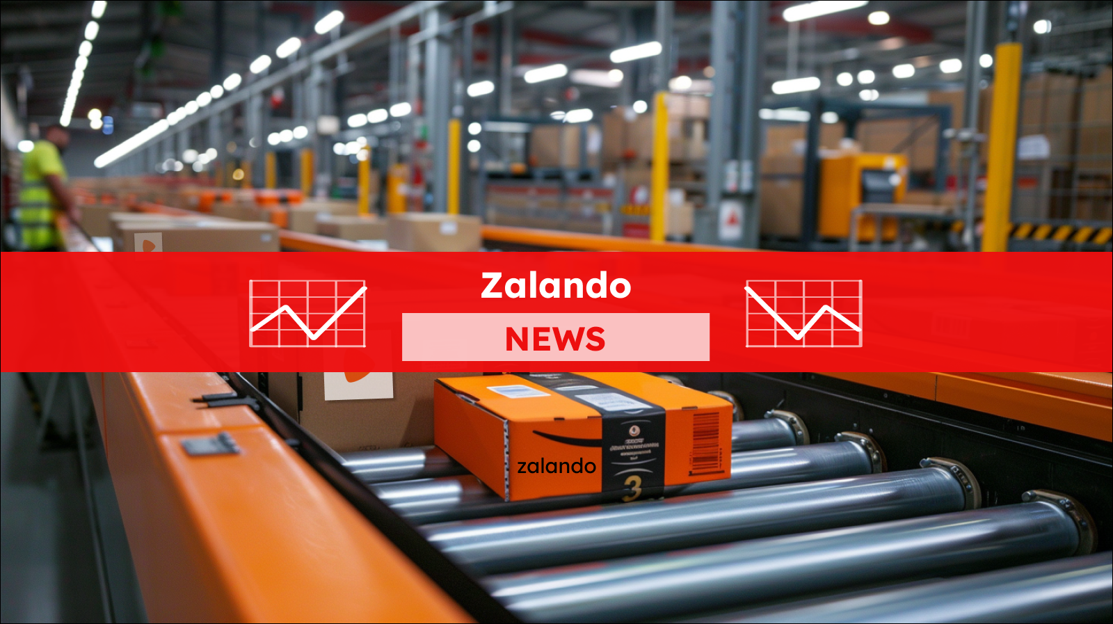 Pakete von Zalando, die auf Förderbändern in einem Logistikzentrum transportiert werden, mit einem Zalando NEWS Banner