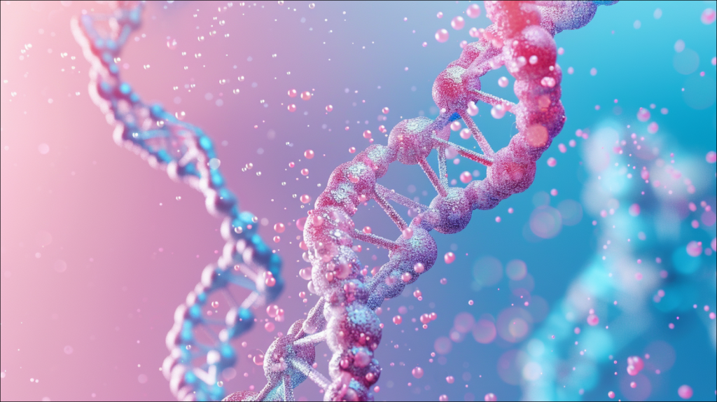 Bunte Visualisierung eines DNA-Moleküls auf einem  rosa und blauen Hintergrund