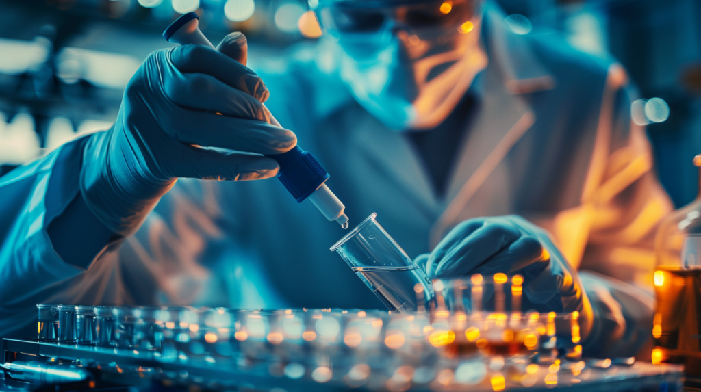 Ein Wissenschaftler in einem Laborkittel und Handschuhen, der mit einer Pipette eine Flüssigkeit in ein Tablett mit Vertiefungen überträgt