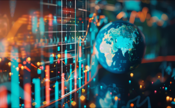 ein Globus mit digitalen Finanzdiagrammen im Hintergrund
