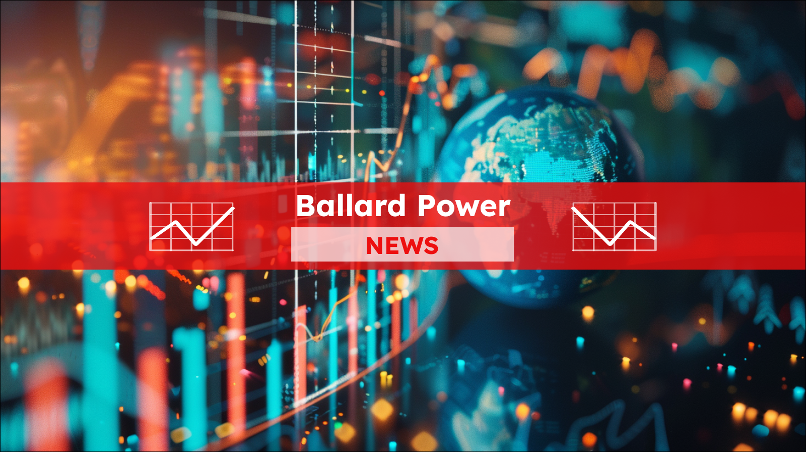 ein Globus mit digitalen Finanzdiagrammen im Hintergrund, mit einem Ballard Power NEWS Banner