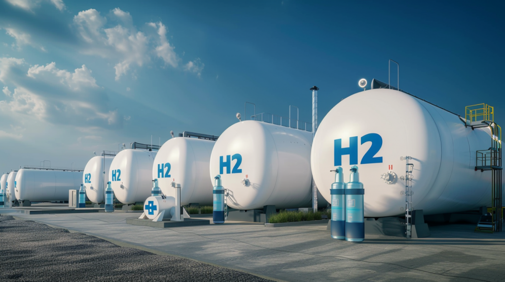eine Reihe großer weißer Lagertanks mit blauen H2 Aufschrift