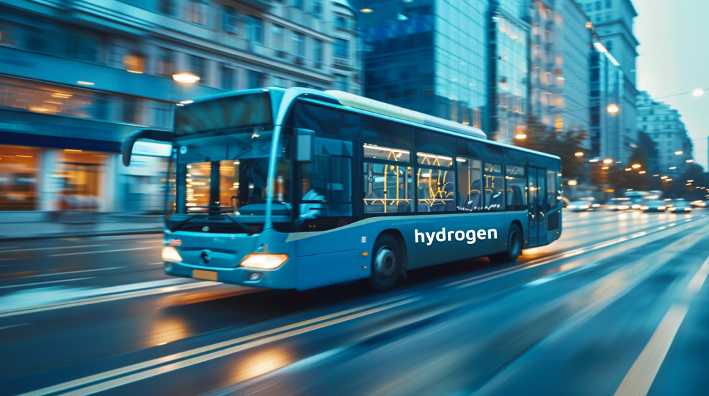 Ein blauer Elektrobus fährt auf einer Straße