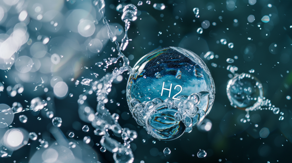eine  kugelförmige Blase mit der chemischen Formel H2 im Inneren, umgeben von spritzendem Wasser 