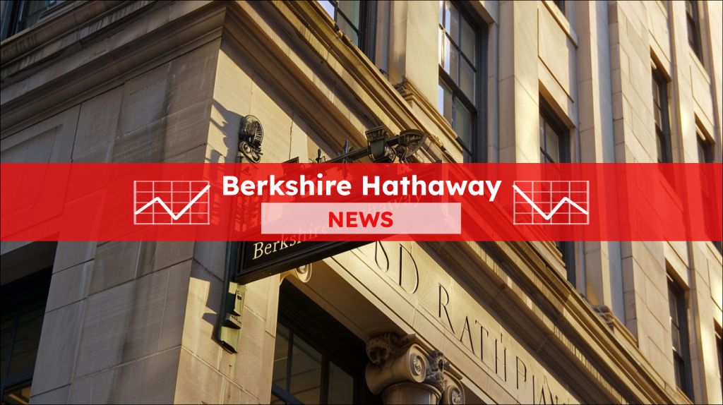 Schild Berkshire Hathaway an der Fassade eines Gebäudes, mit einem roten NEWS Banner darüber