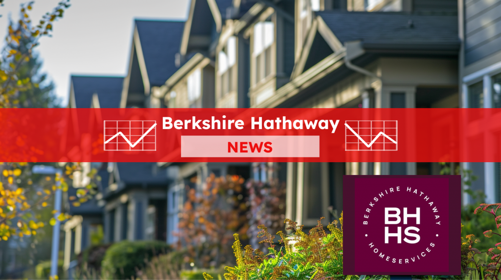 ein Schild für Berkshire Hathaway HomeServices Property Management vor einem zweistöckigen Wohngebäude, mit einem NEWS-Banner