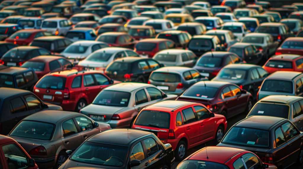ein überfüllter Parkplatz voller dicht gedrängter Autos in verschiedenen Farbtönen