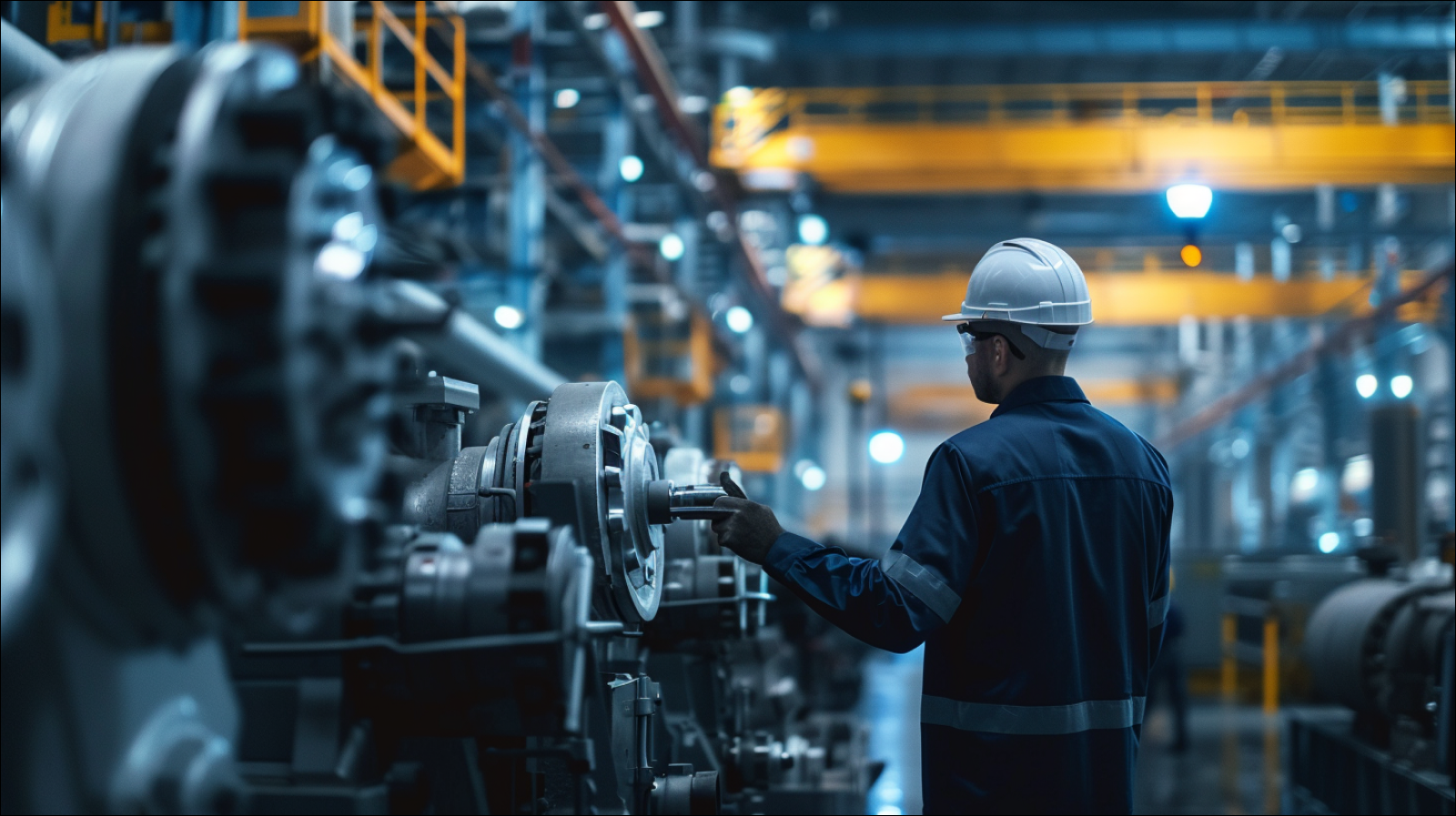 ein Arbeiter in dunkelblauer Uniform, der Maschinen in einer modernen Industriefabrik inspiziert
