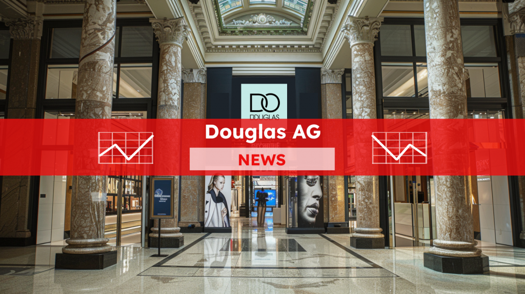 der Eingang eines Ladens, flankiert von großen Säulen und geschmückt mit einem Schwarz-Weiß-Fotos und einem blauen Douglas-Logo, mit einem roten NEWS Banner