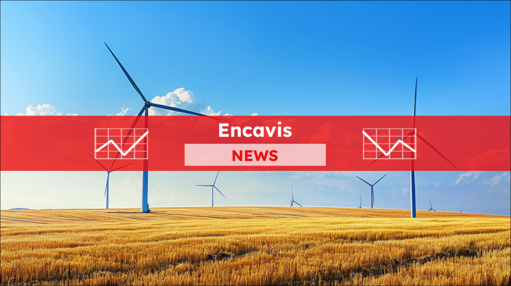 Onshore-Windkraftanlagen auf dem Feld, darüber ein Encavis NEWS Banner