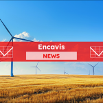 Onshore-Windkraftanlagen auf dem Feld, darüber ein Encavis NEWS Banner