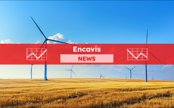 Onshore-Windkraftanlagen auf dem Feld, darüber ein Encavis NEWS Banner