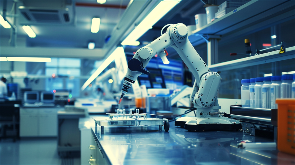 Die Aktie des Tages: Evotec – neue Chance oder nicht ins fallende Messer greifen? ein modernes Labor mit einem Roboterarm, der Materialien handhabt