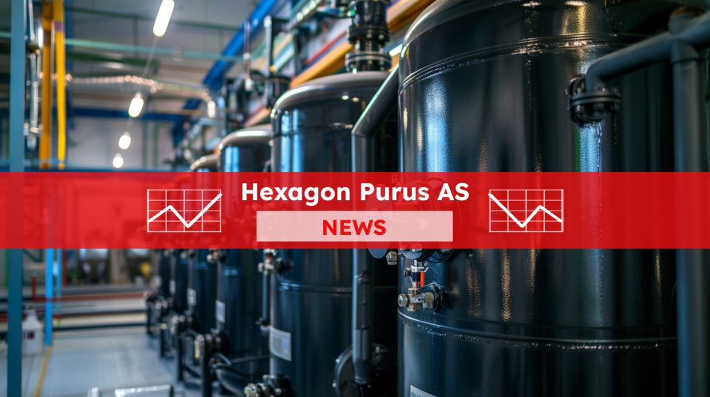 Schwarze zylindrische Wasserstoffspeichertanks in einer industriellen Umgebung,  mit einem roten NEWS Banner