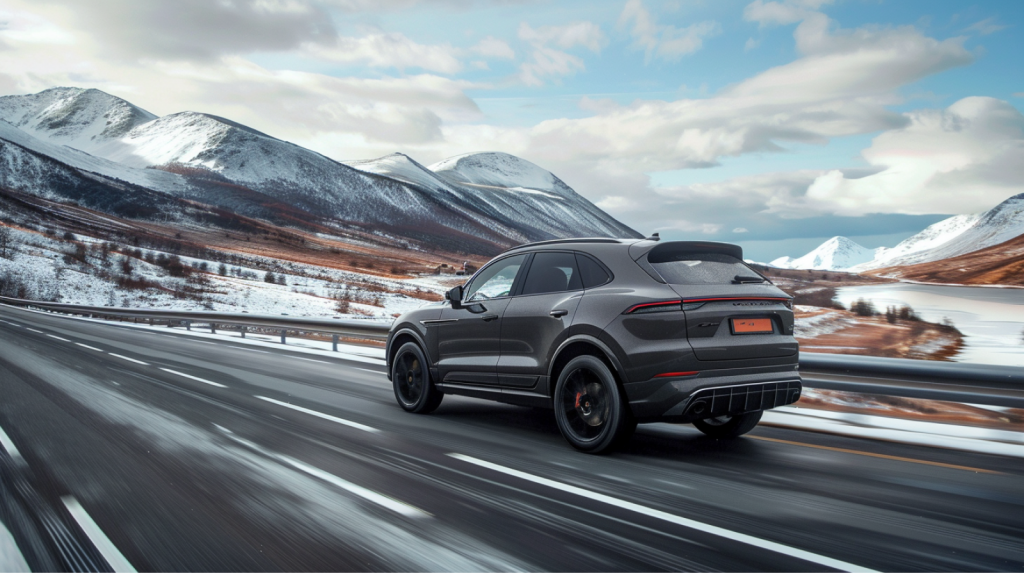 ein moderner SUV fährt auf einer Autobahn, mit einer bergigen Landschaft im Hintergrund
