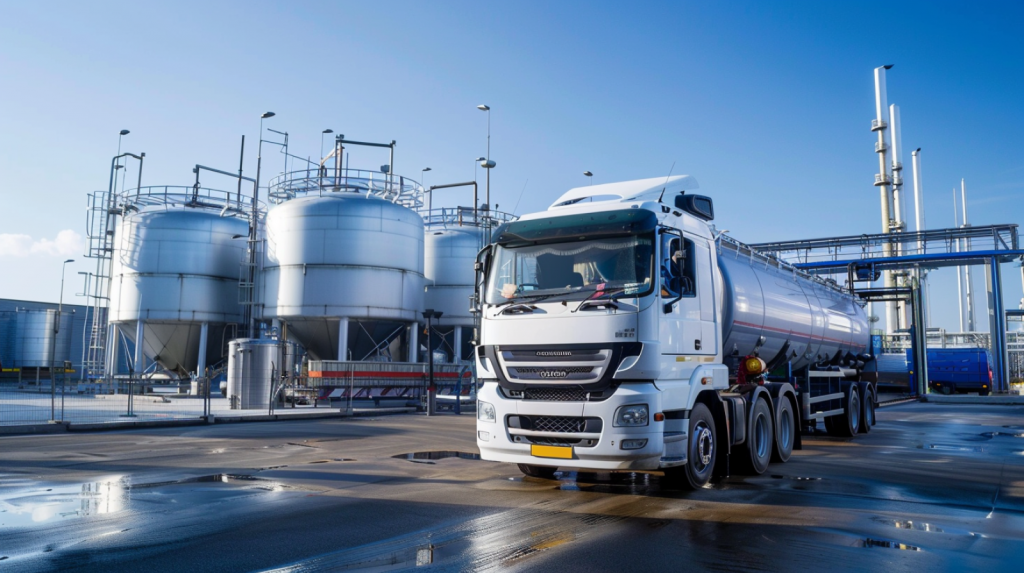 Linde-Aktie: Kursziel kräftig angehoben! ein an einer Industrieanlage geparkter Tankwagen, im Hintergrund große Lagertanks, unter strahlend blauem Himmel