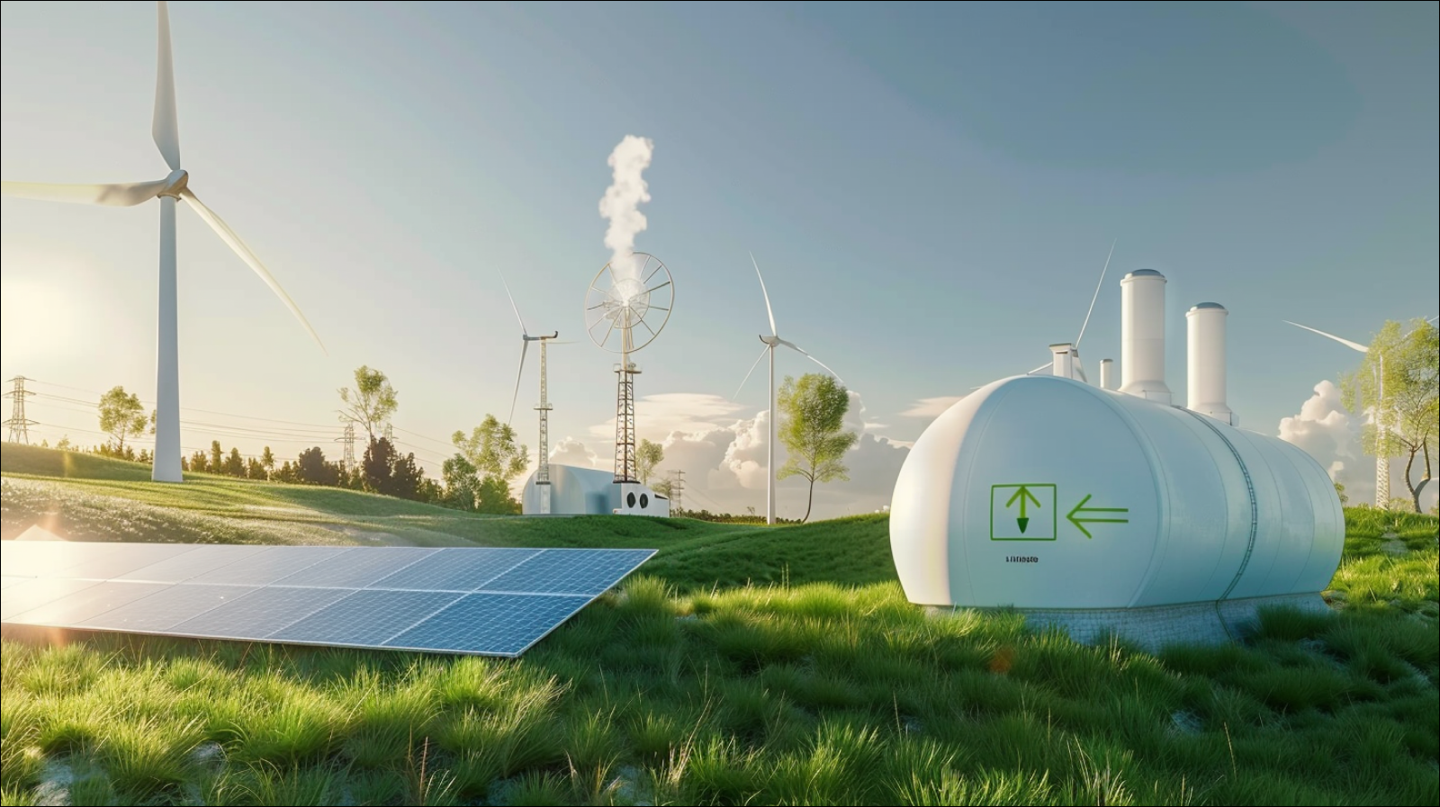 Wasserstoff-Brennstoffanlage, integriert mit Sonnenkollektoren und Windturbinen auf einem  grünen Feld unter einem klaren blauen Himmel