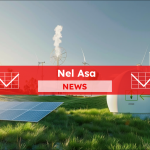 Wasserstoff-Brennstoffanlage, integriert mit Sonnenkollektoren und Windturbinen auf einem  grünen Feld unter einem klaren blauen Himmel, mit einem Nel ASA NEW-Banner