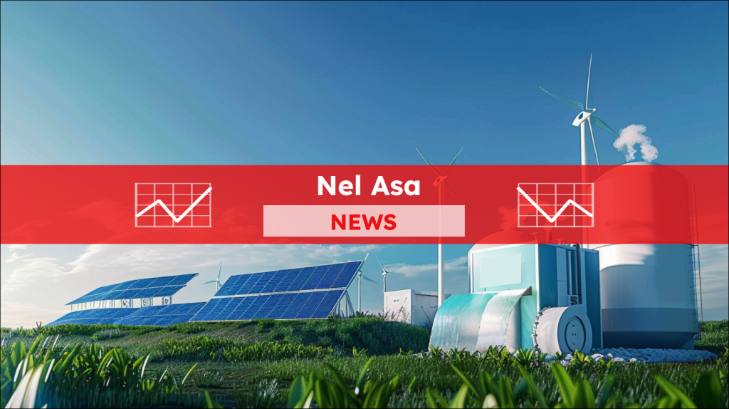 Wasserstoff-Brennstoffanlage, mit Sonnenkollektoren und Windturbinen auf einem grünen Feld unter einem klaren blauen Himmel, mit einem Nel ASA NEW-Banner