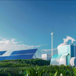 Wasserstoff-Brennstoffanlage, mit Sonnenkollektoren und Windturbinen auf einem grünen Feld unter einem klaren blauen Himmel