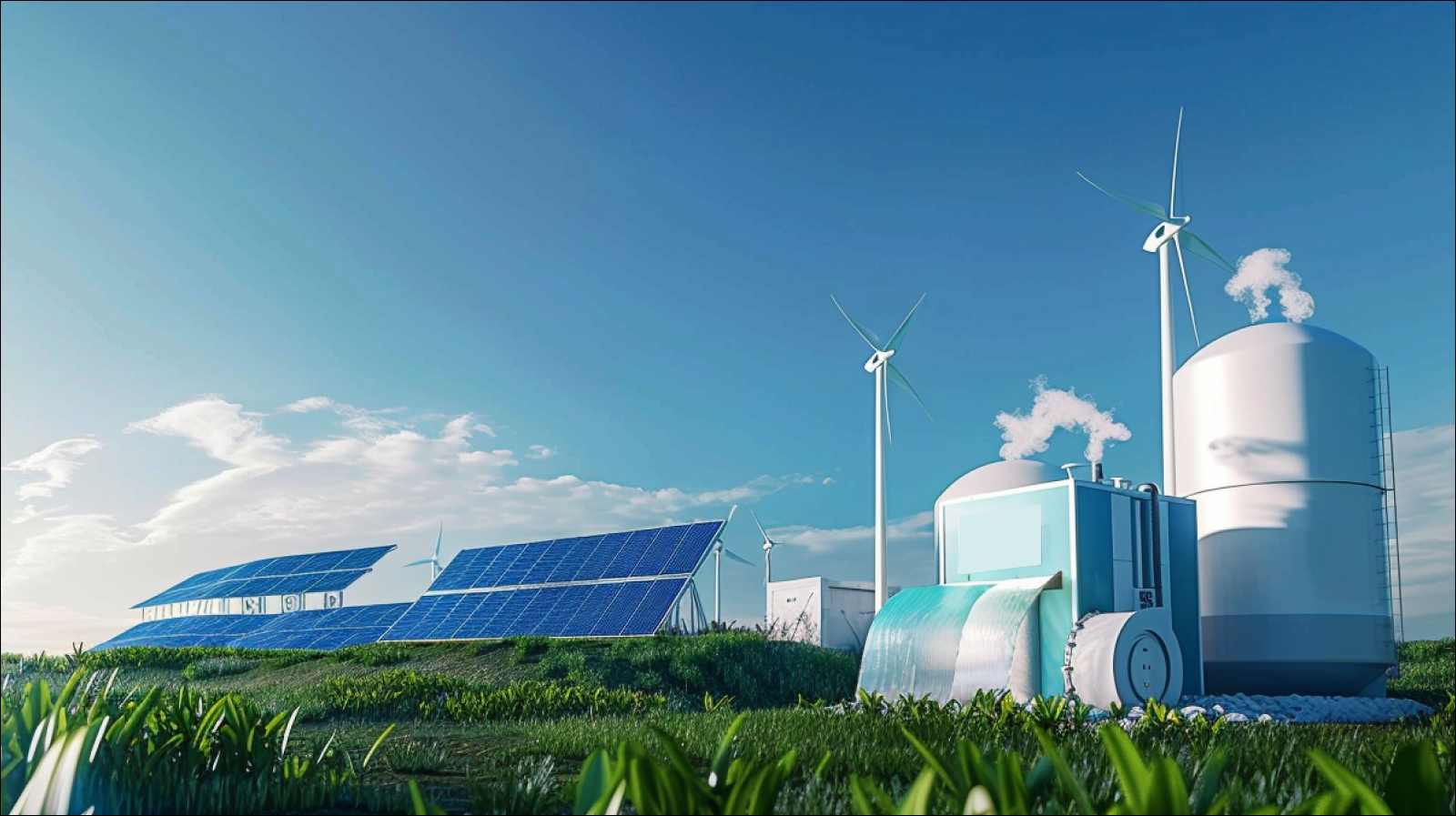 Wasserstoff-Brennstoffanlage, mit Sonnenkollektoren und Windturbinen auf einem grünen Feld unter einem klaren blauen Himmel